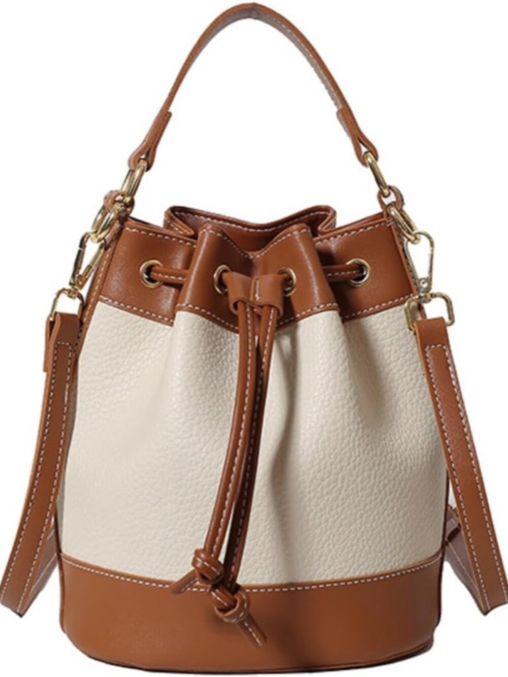 Women's Bucket Handbag, Stitching Color Litchi Grain | Drawstring Closure, Cross